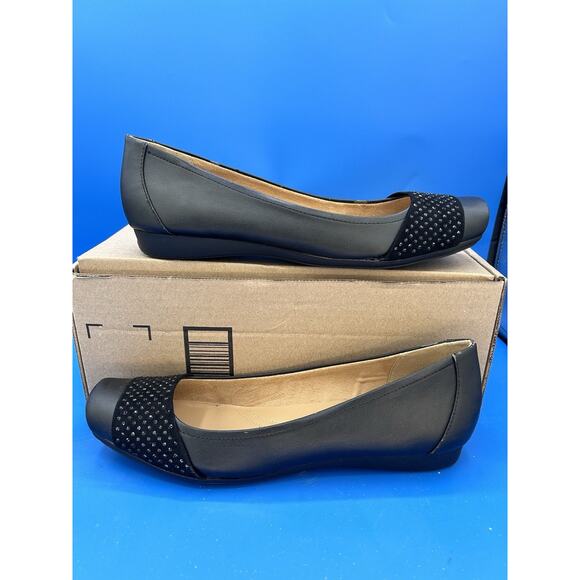 Naturalizer N5 Comfort Black Leather Fabric Flats Square Toe Size 11M - Picture 1 of 6